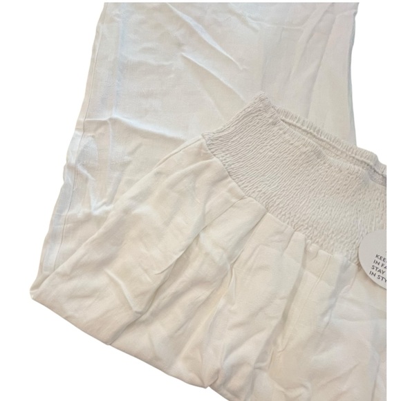NWT ANRABESS Linen Blend Wide Leg Pants Women M White Crop Smocked Waist Flowy - Picture 3 of 16